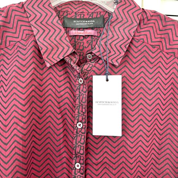 NWT Scotch & Soda Long Sleeve Button Up Semi Sheer Shirt Burgundy Black Small - Picture 3 of 12